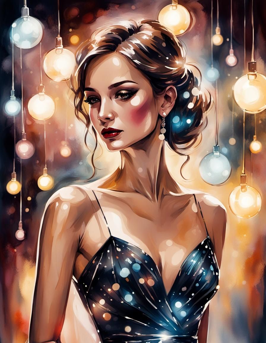 Woman in Evening Dress in Alcohol Ink Style