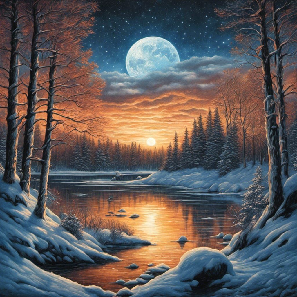 Winter Lake Bonfire Under a Full Moon