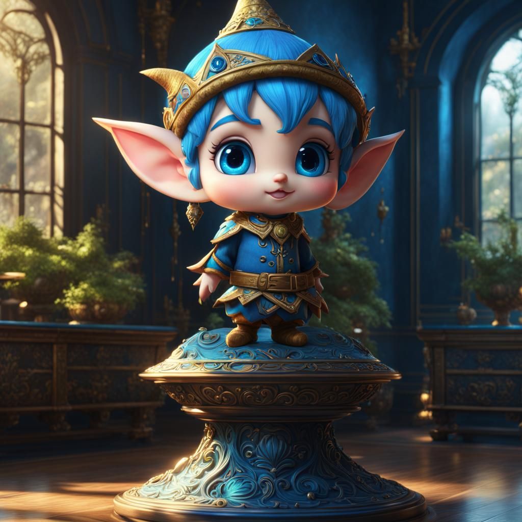 Cute Fuzzy Blue Elf on Pedestal, Detailed Digital Art