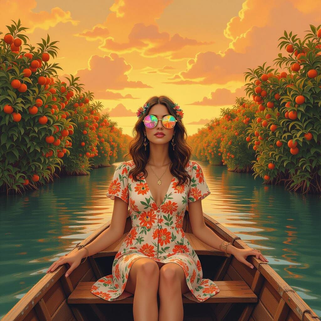 Psychedelic River Scene with Tangerine Trees