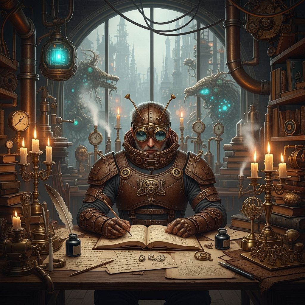 Steampunk Author in Workshop with Brass Goggles