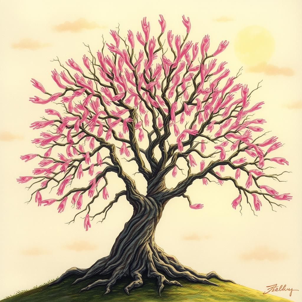 Tree with Ethereal Pink Hands in Alcohol Ink Style