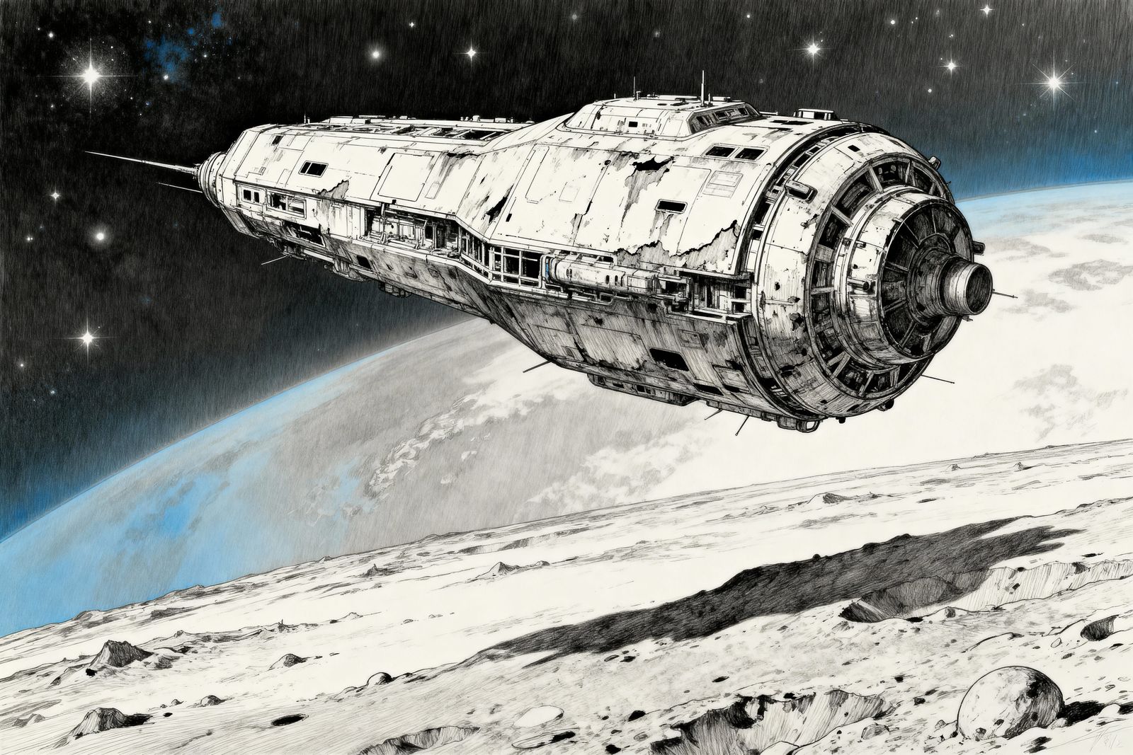 Abandoned Space Station Orbiting Desolate Planet in Pen and ...