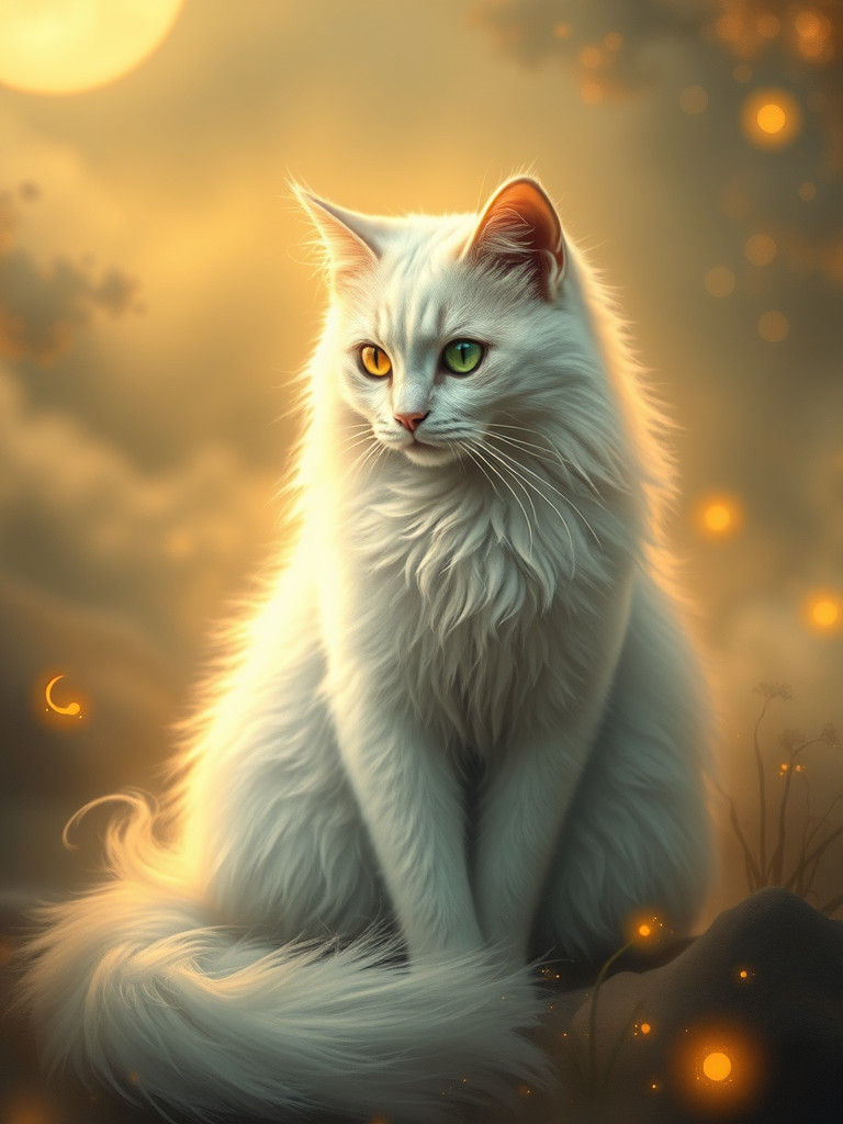 Heterochromatic Cat in Ethereal Fantasy Landscape