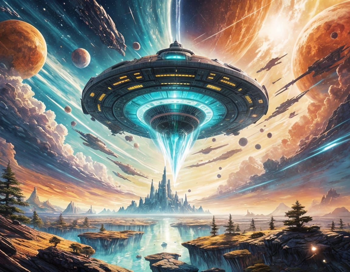 Surreal Science Fiction Painting of Alien Spaceship Approach...