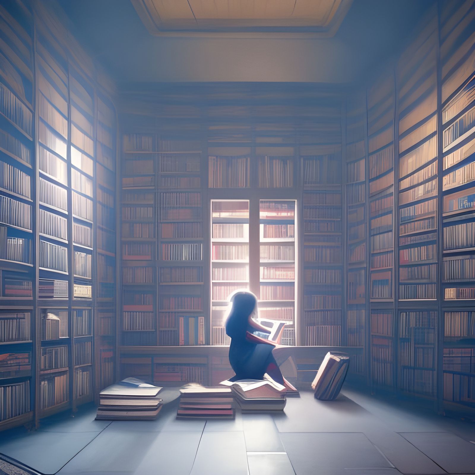 Girl Reading in Hyperdetailed Hidden Book Room