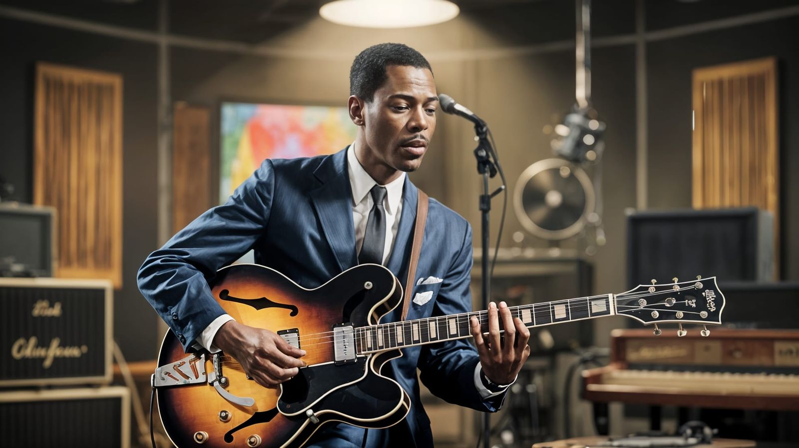 Elmore James Playing Guitar in 1940s Studio