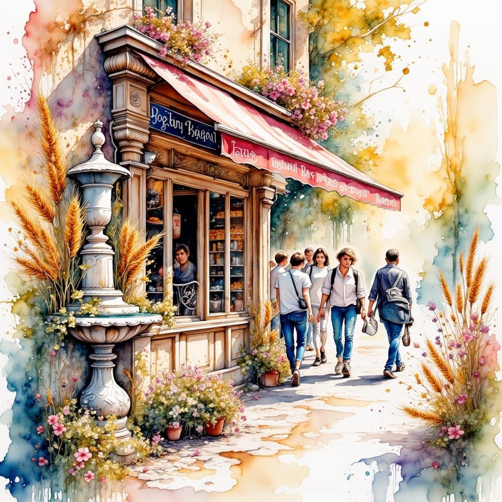 Vibrant Watercolor of Parisian Bagel Shop with Fountain