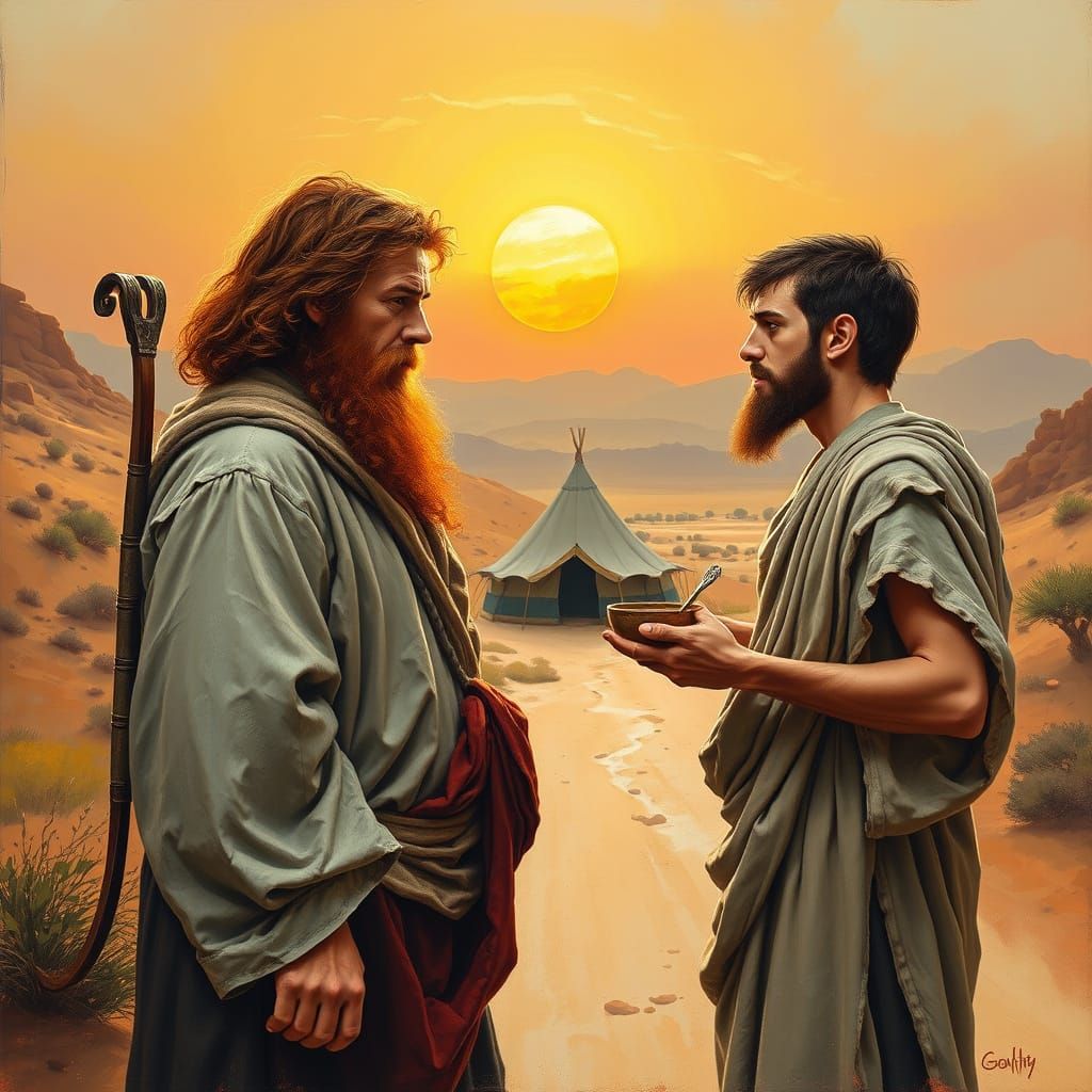 Esau and Jacob Face Off in Desert Landscape