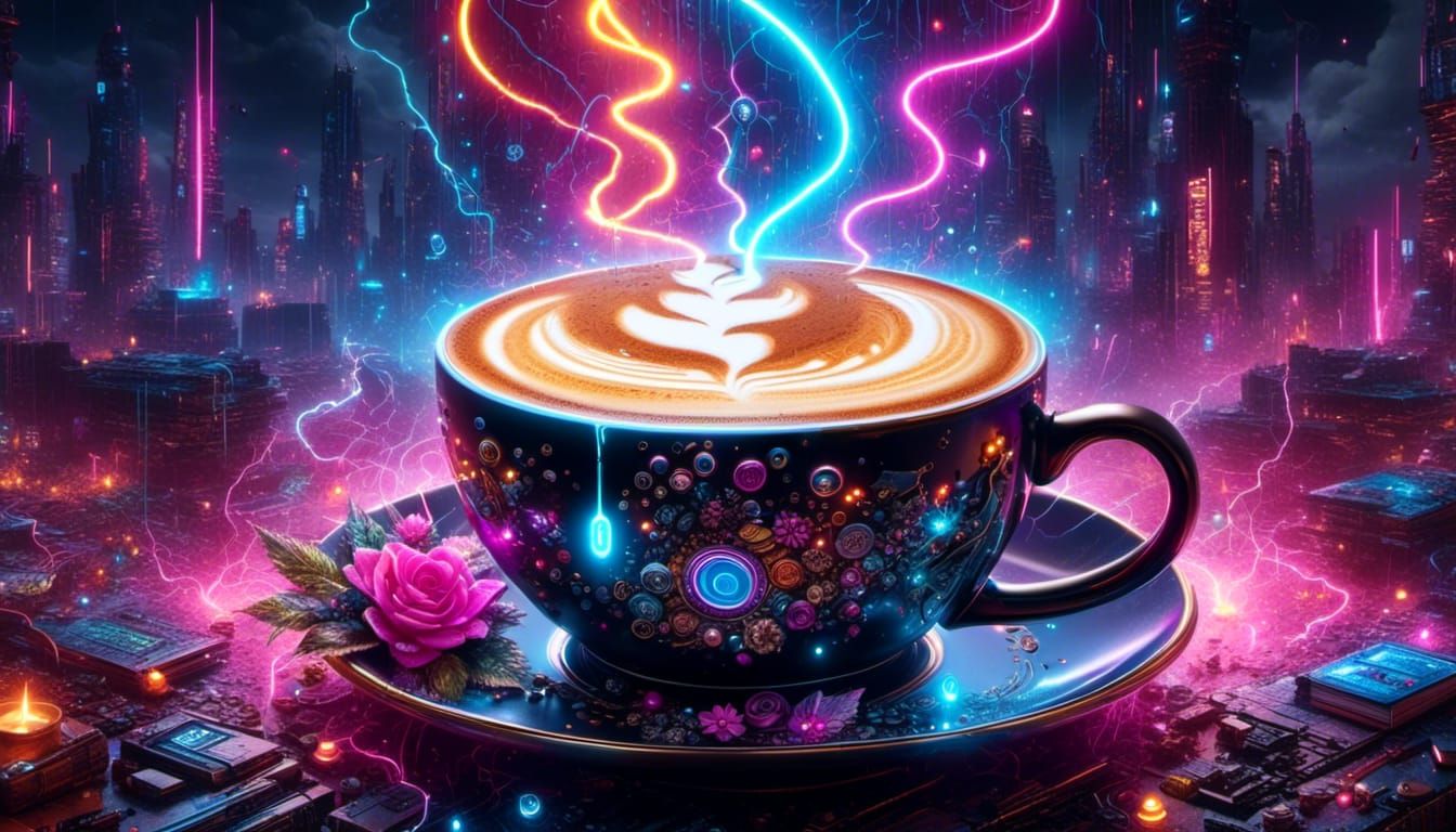 Neon Motherboard Latte Art with Magic Effects