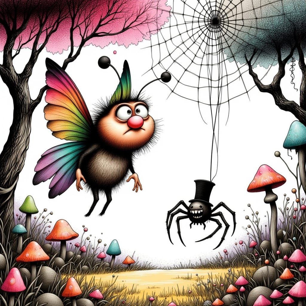 Cartoon Butterfly and Spider in Whimsical Forest