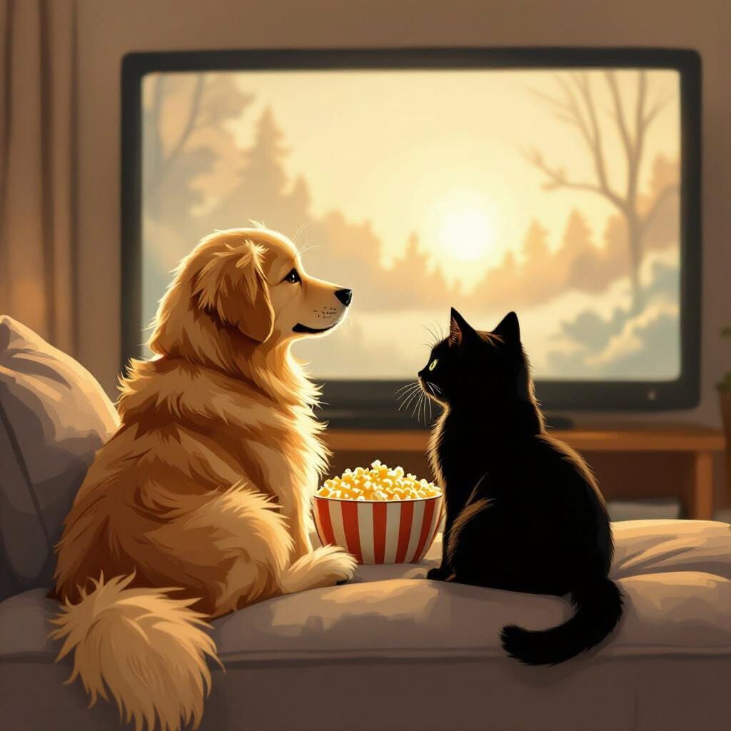 Golden Retriever and Black Cat Watch Movie Together
