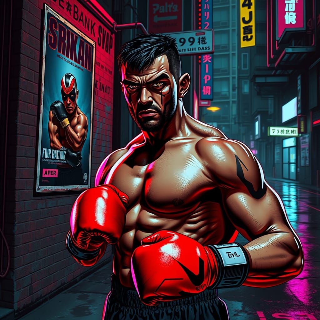 Cyberpunk Boxer in Neon City Advertisement