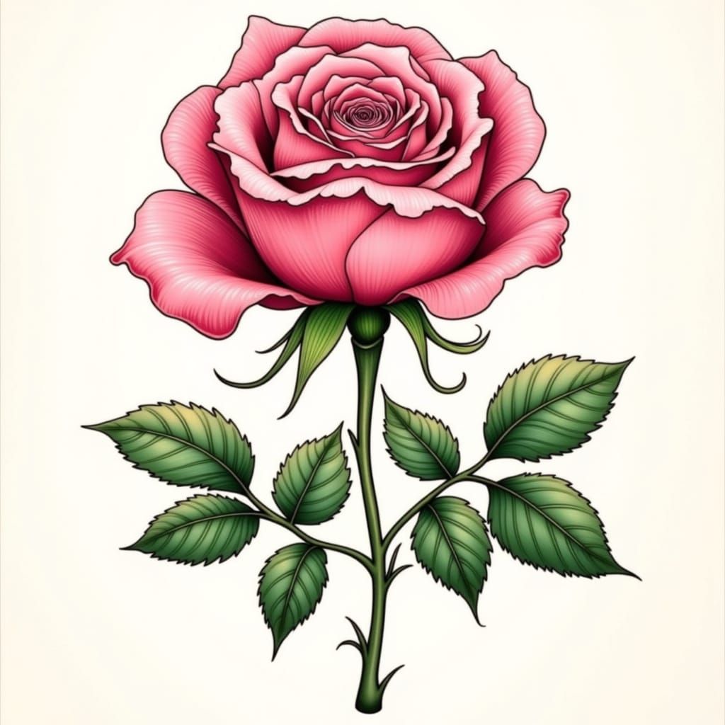 Neo-Traditional Pink Rose Tattoo Design with Zentangle Eleme...
