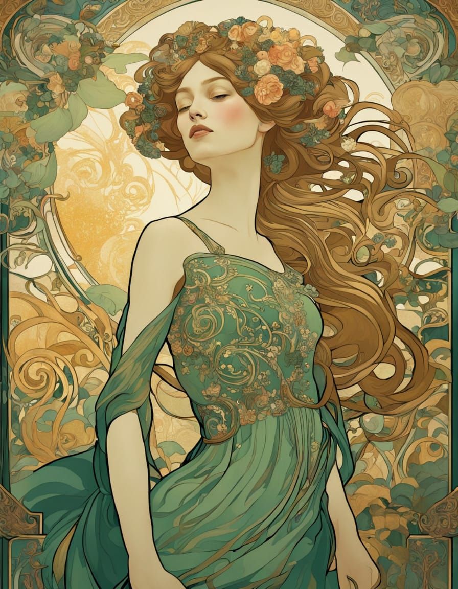 Ethereal Art Nouveau Goddess in a Vibrant Garden