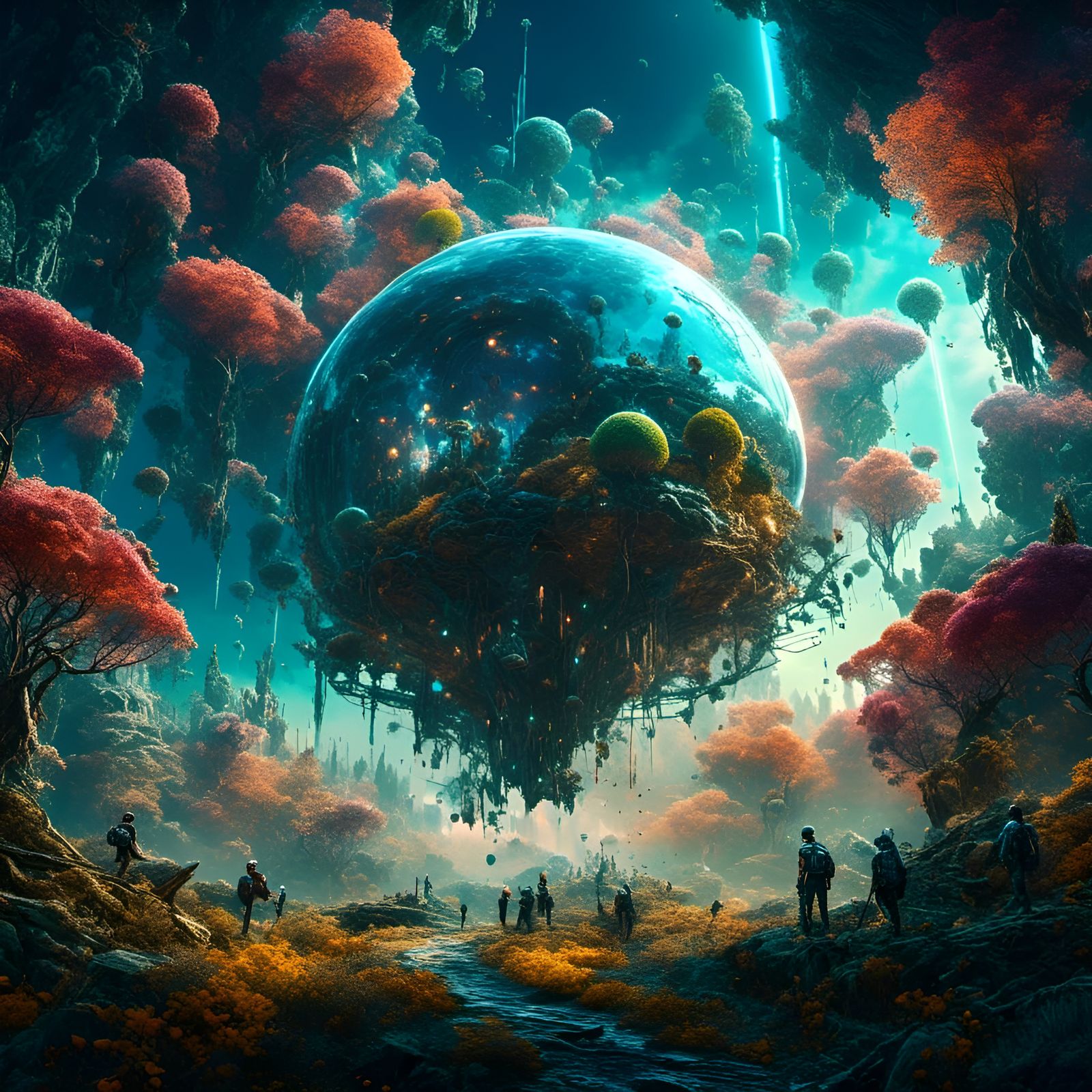 Flying Eco-Dome Amidst Nebula, 3D Rendered