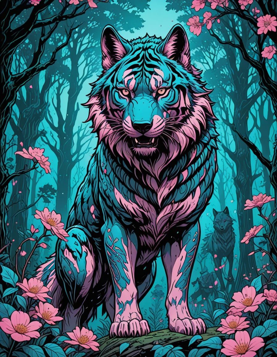 Fantasy Wolf Tiger Hybrid in Vibrant Comic Illustration Styl...