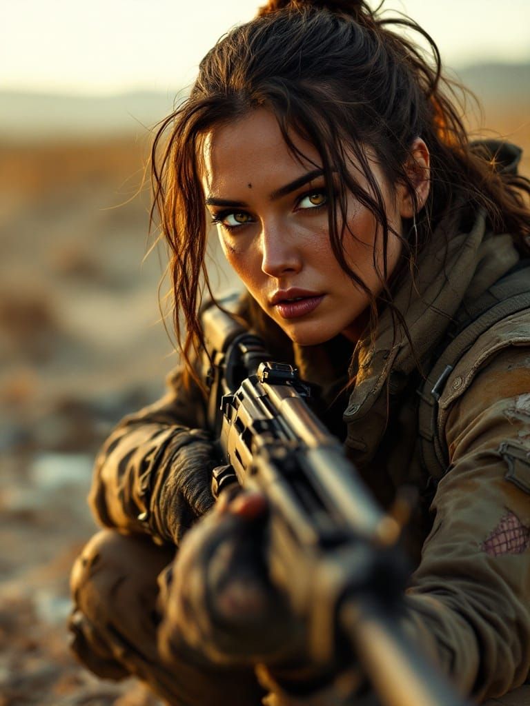 Worn Soldier in War-Torn Landscape with Sniper Rifle