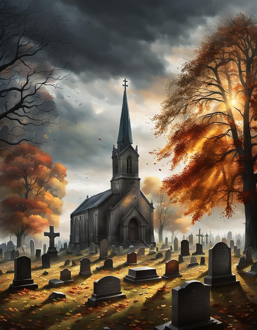Autumn Graveyard Scene with Church in Classic Style