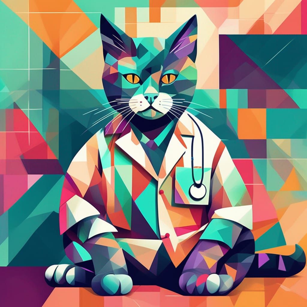 Sophisticated Cat as Veterinary Surgeon in Art Deco Style