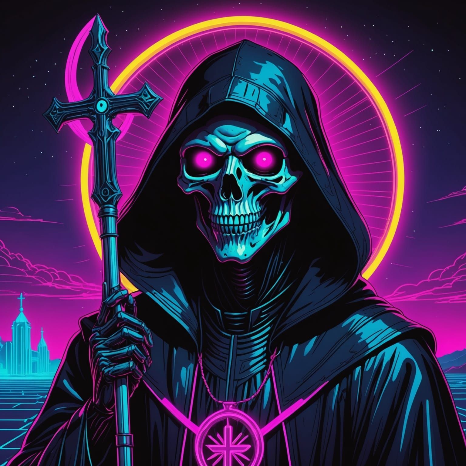 Synthwave Catholic Alien Reaper in Neon Retro Style