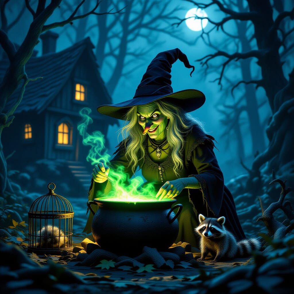Wicked Witch Brews Luminous Elixir in Forest Clearing