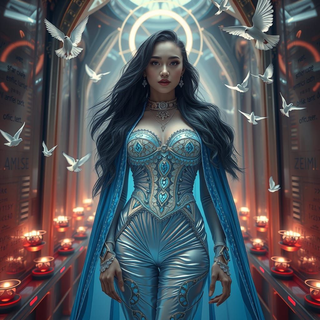 Surreal Cyberpunk Goddess in a Techno-Temple of Mirrors