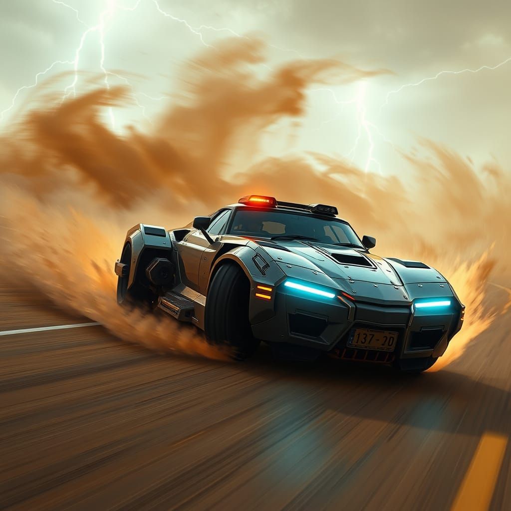 Cyberpunk Armoured Car Speeds into Futuristic Desert Storm