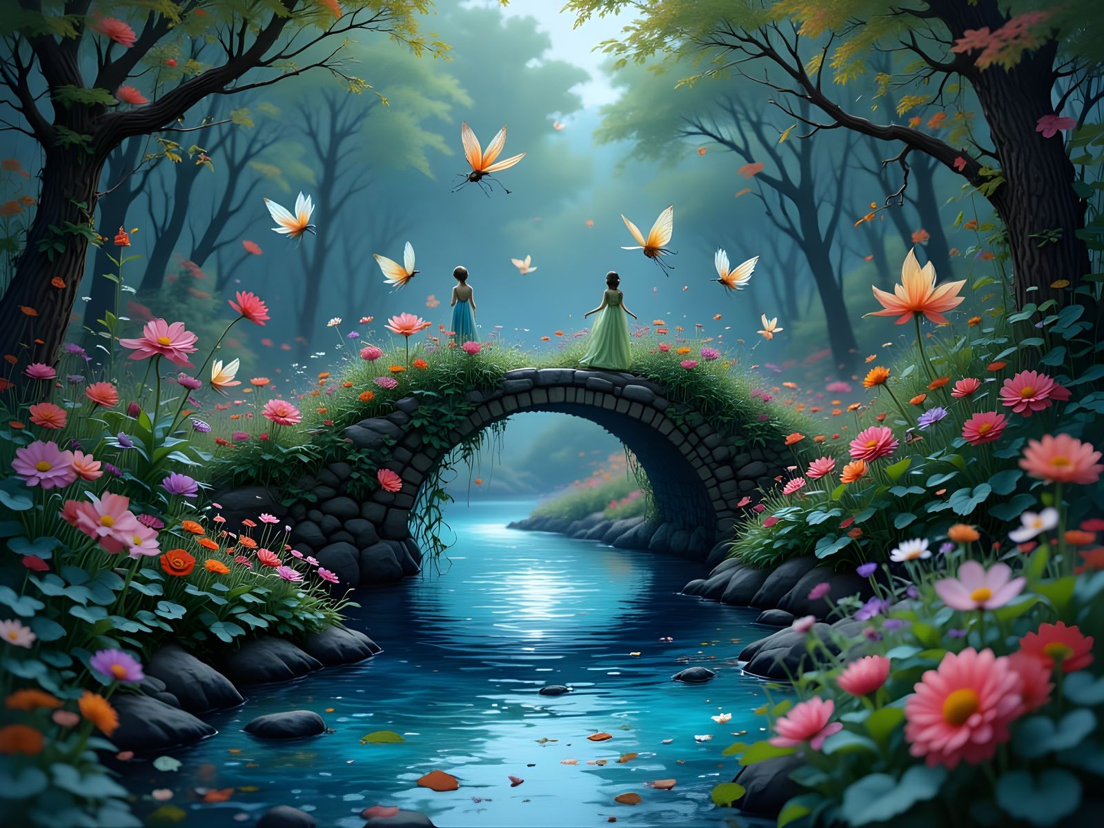 Two women stand on a stone bridge adorned with flowers, overlooking a tranquil stream. Several ethereal butterflies flut...