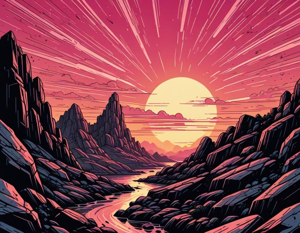 Retro Comic Book Style Sunrise on Brittany's Pink Granite