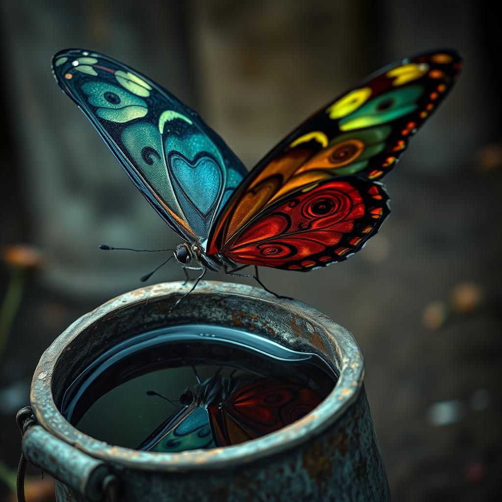 Ominous Butterfly Reflects in Murky Water