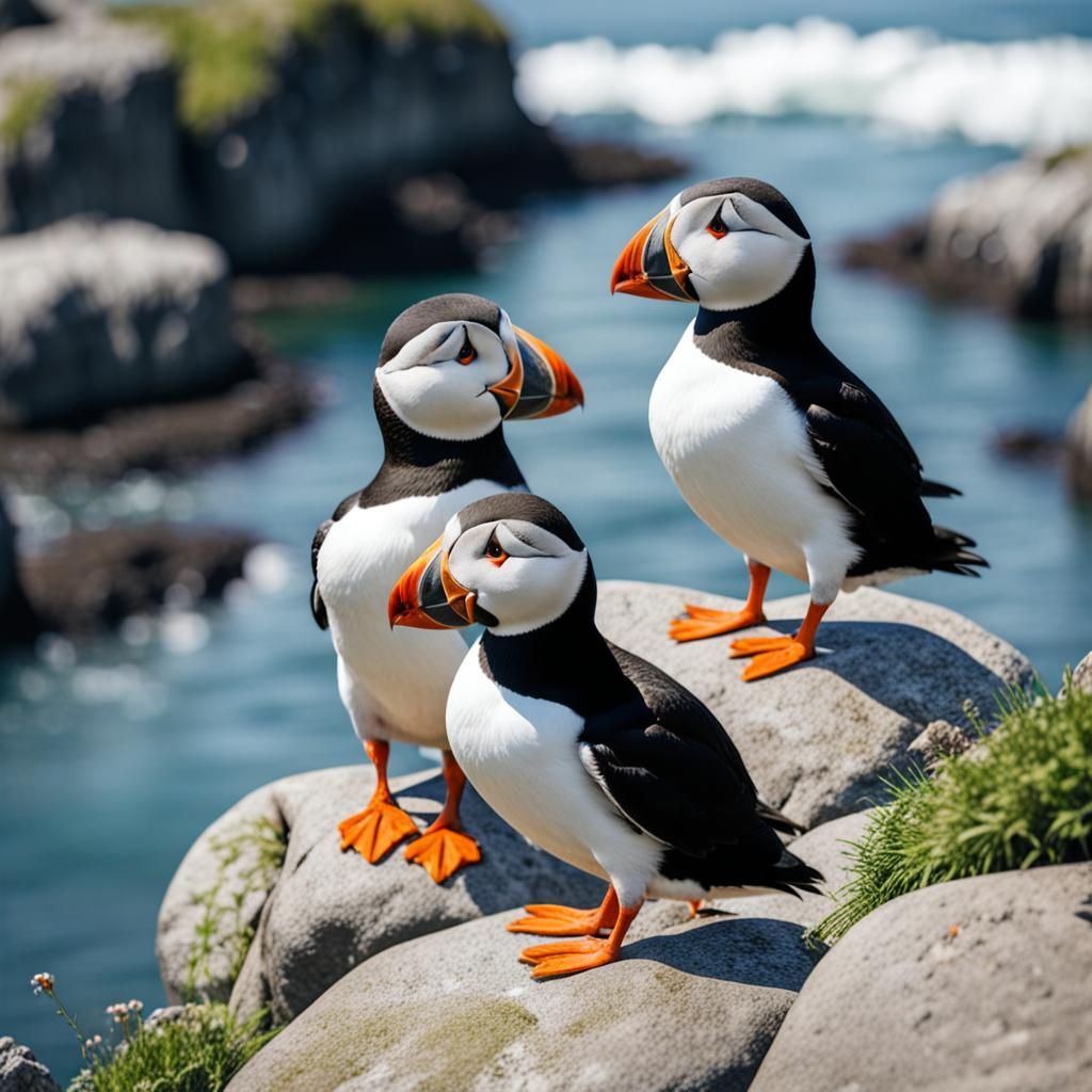 Adorable puffins  sitting   on rocks by the ocean