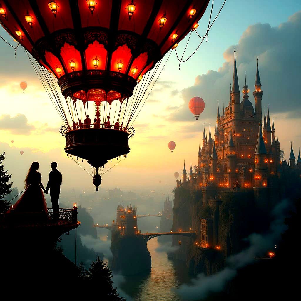 Fantasy Steampunk Airship Over Floating City