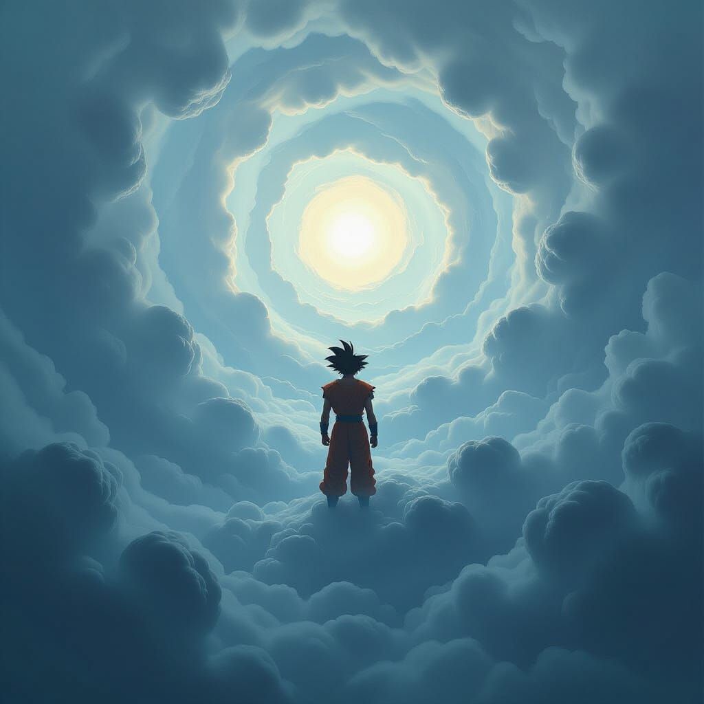 Goku Amidst Swirling Monochromatic Storm Clouds