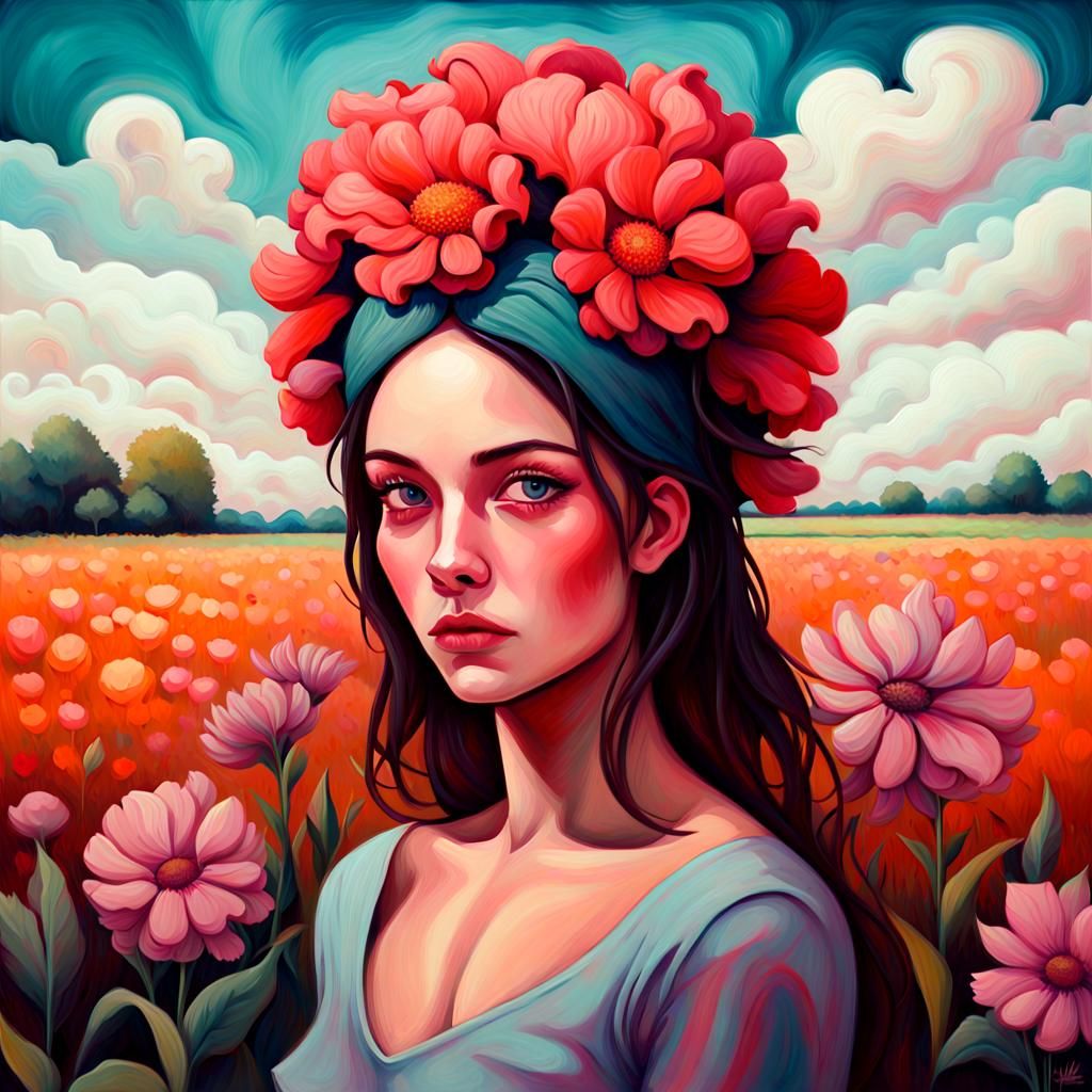 Woman with Flower Crown: Neo-Impressionist Style