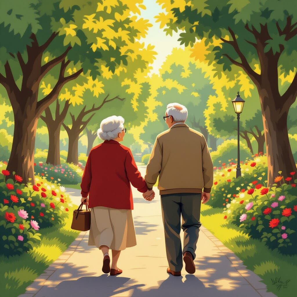 Senior Couple in Park, Whimsical Art Style