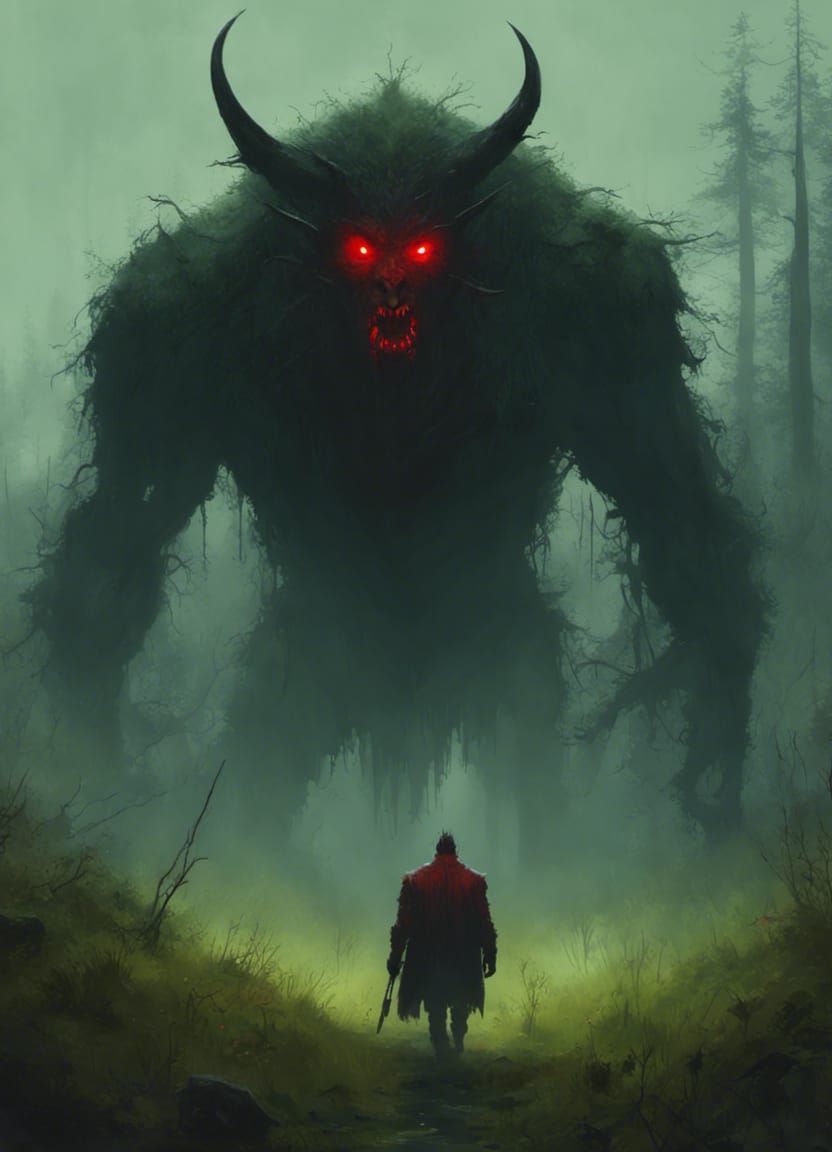 Eerie Demon Emerges from Forest in Rozalski Style