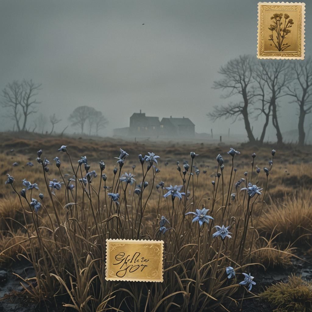 Antique Postcard with Flowers on Misty Moor