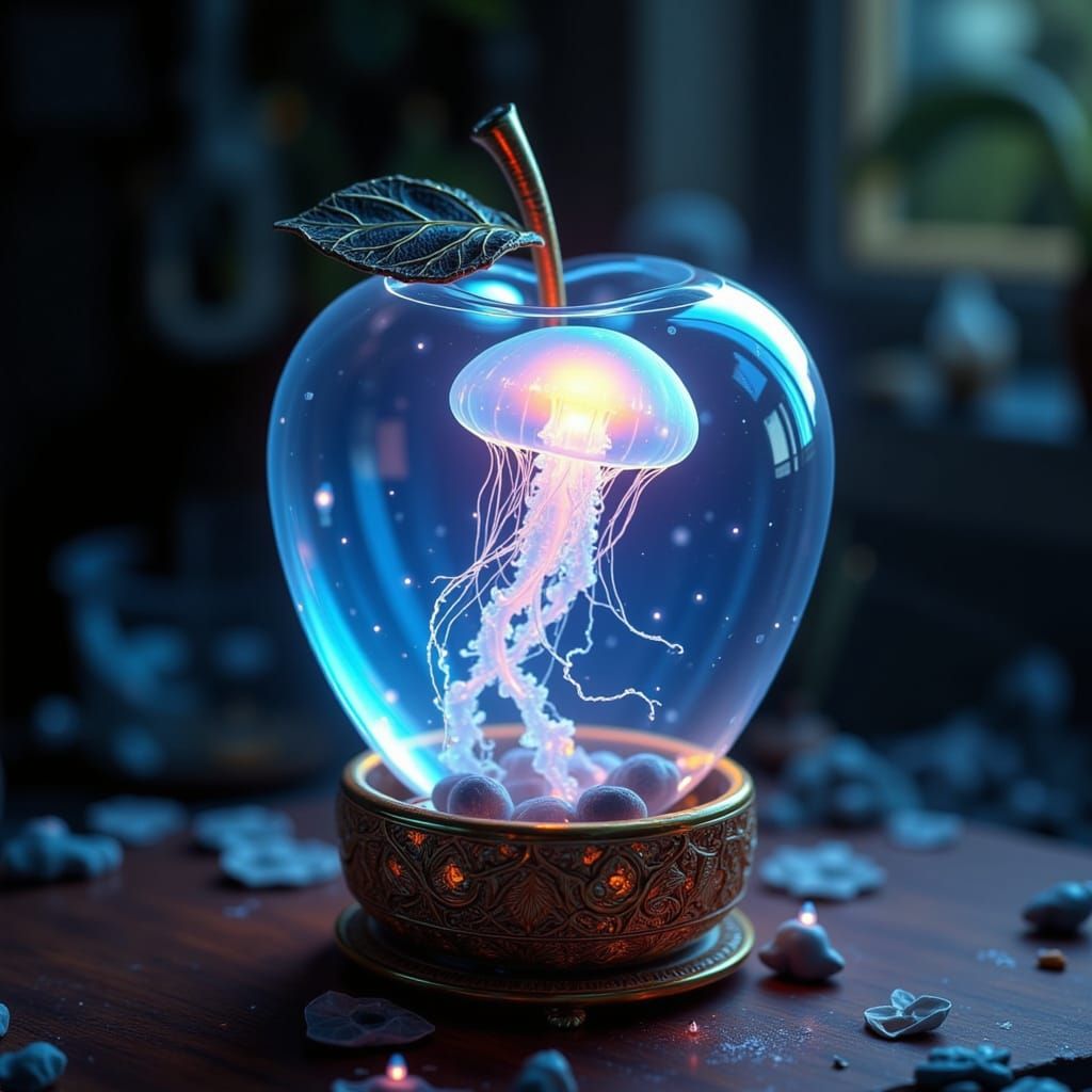 Bioluminescent Jellyfish in Glass Apple, Grunge Maximalism