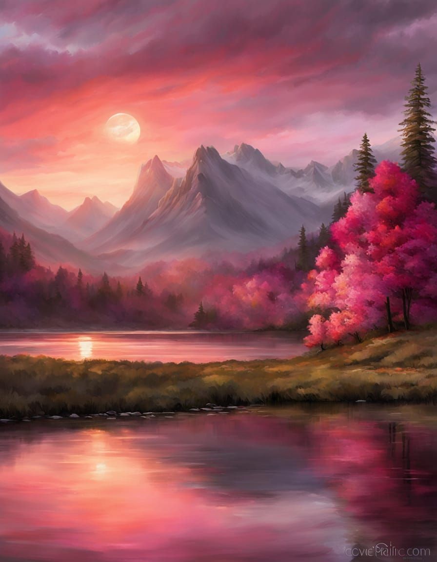 Matte Painting Sunset Over Lake and Mountains