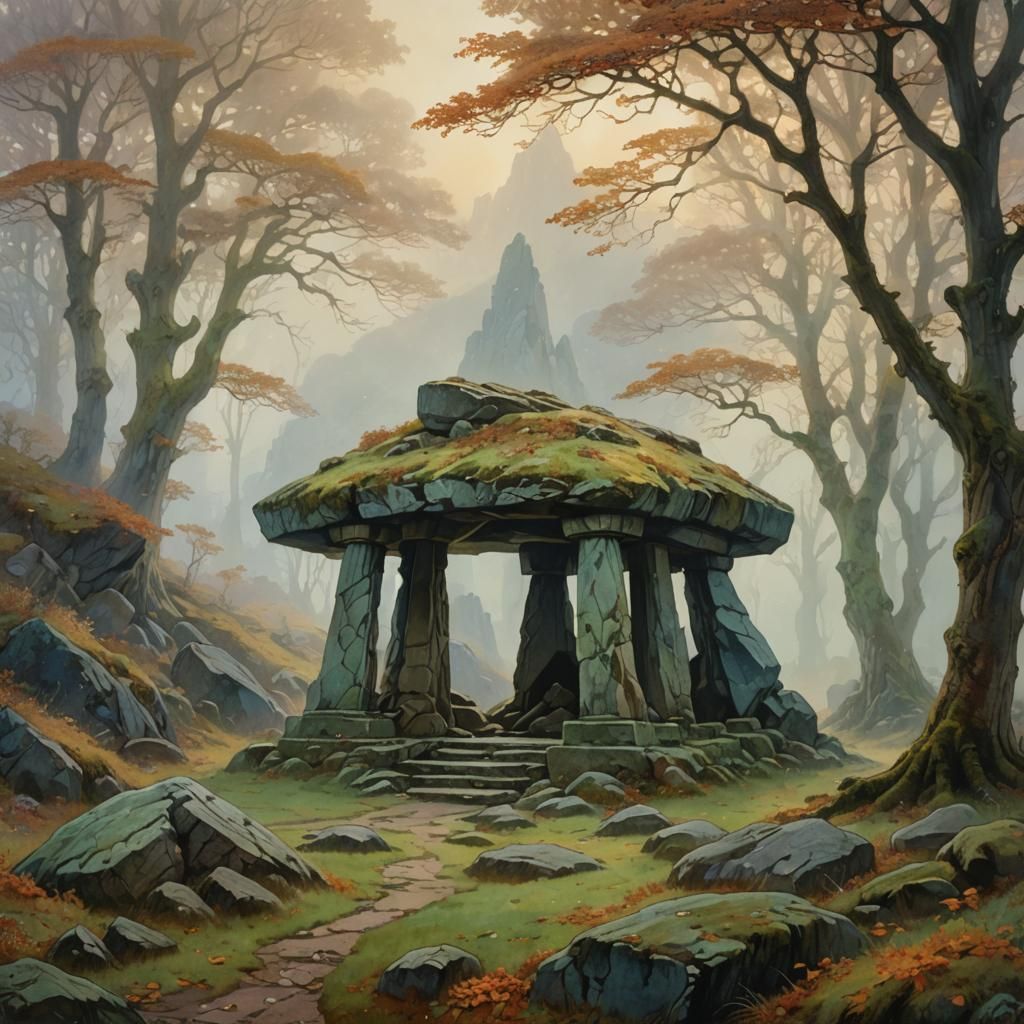 Dolmens in Foggy Autumn Landscape: Stained Glass Style