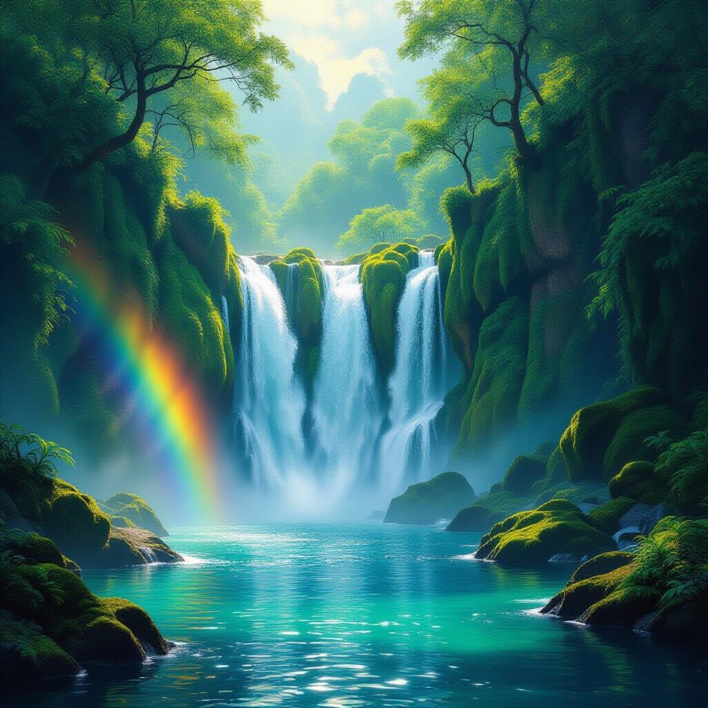 Majestic Waterfall in Hyperrealistic Digital Painting Style