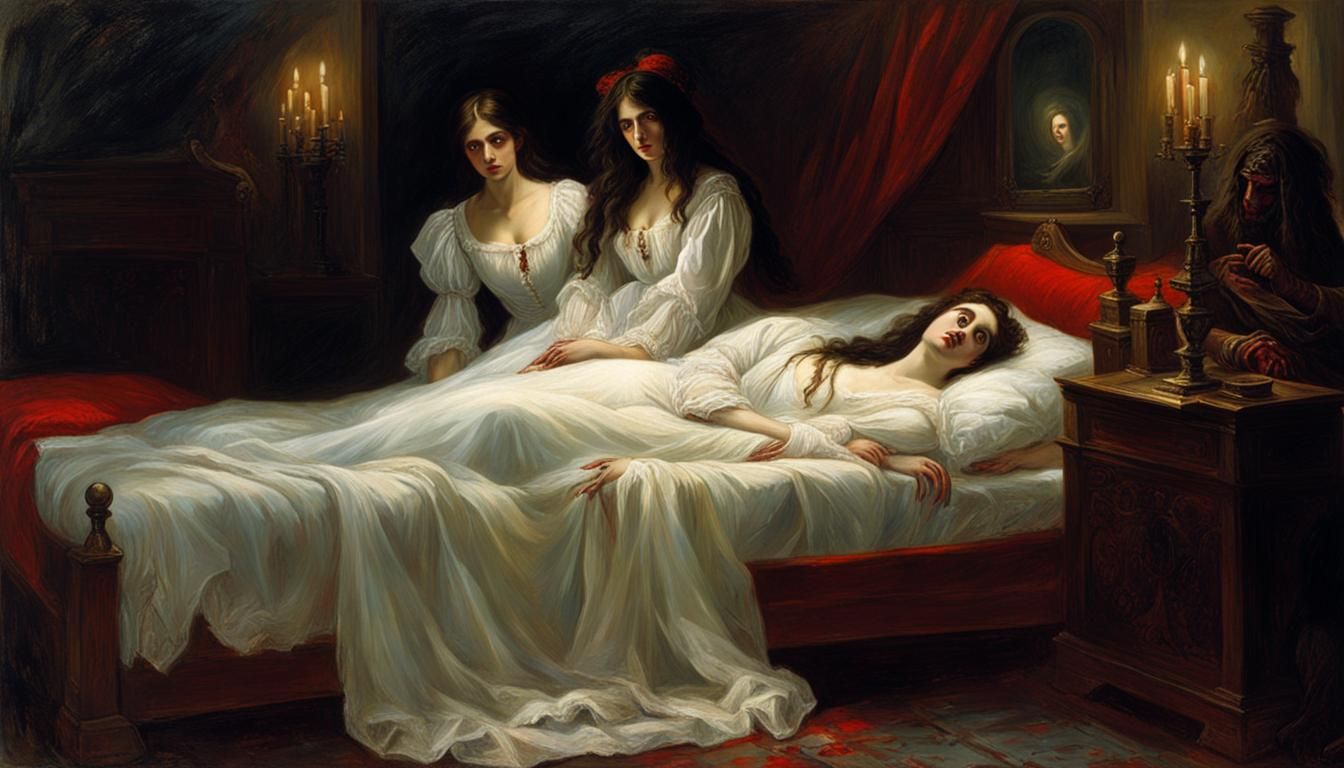 Terrifying Vampire Stalks Sleeping Woman: Oil Painting