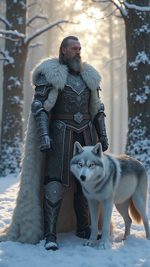 Norse King and Wolf in Winter Forest
