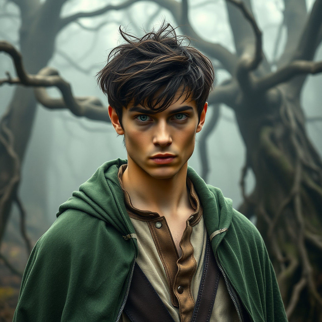 Mystical Forest Encounter: Intense Gaze in Green Cloak