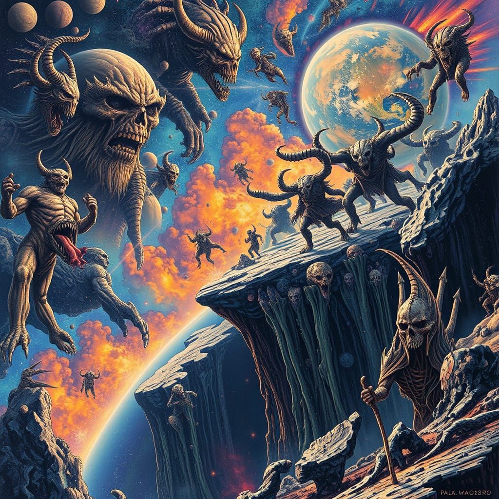 Cosmic Titans Pouring Stars: Holographic Astral Illustration