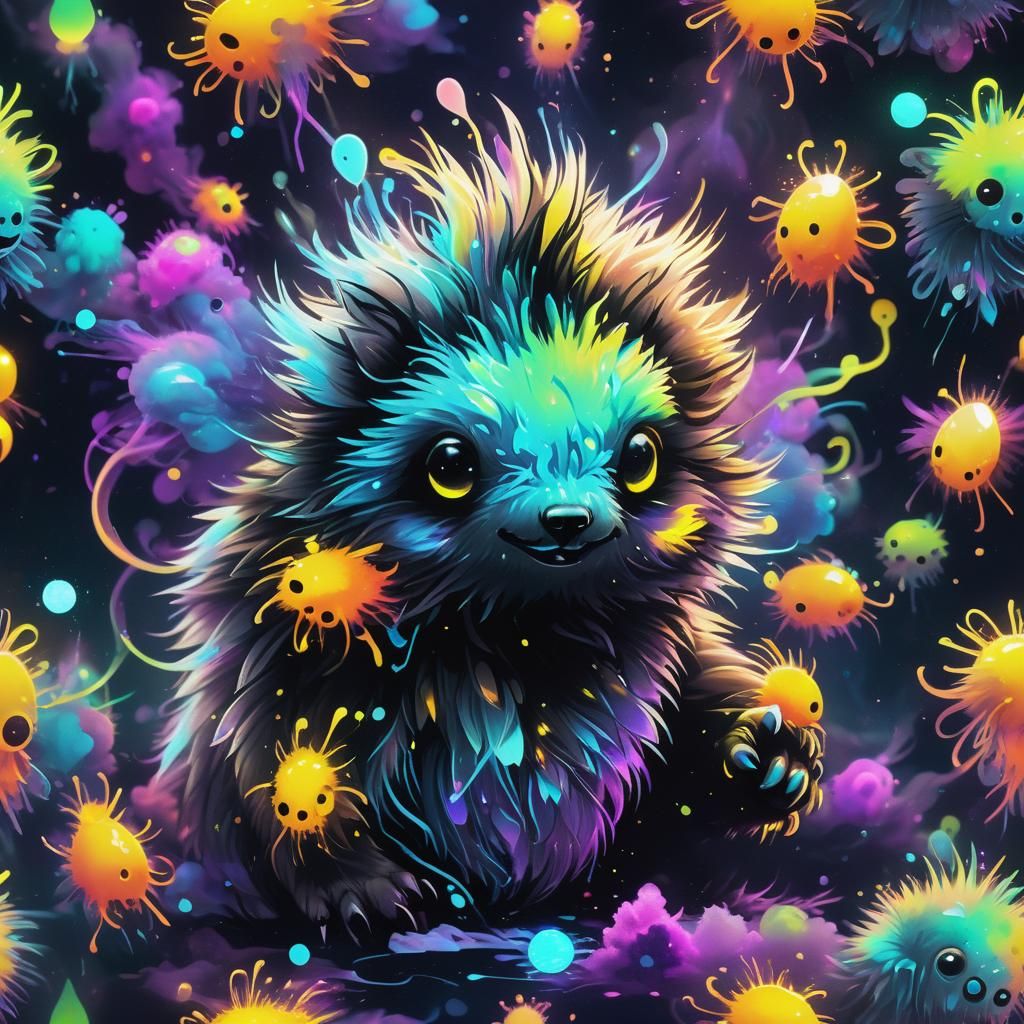 Psychedelic Liquid Creature in Neon Ink Splatter Style