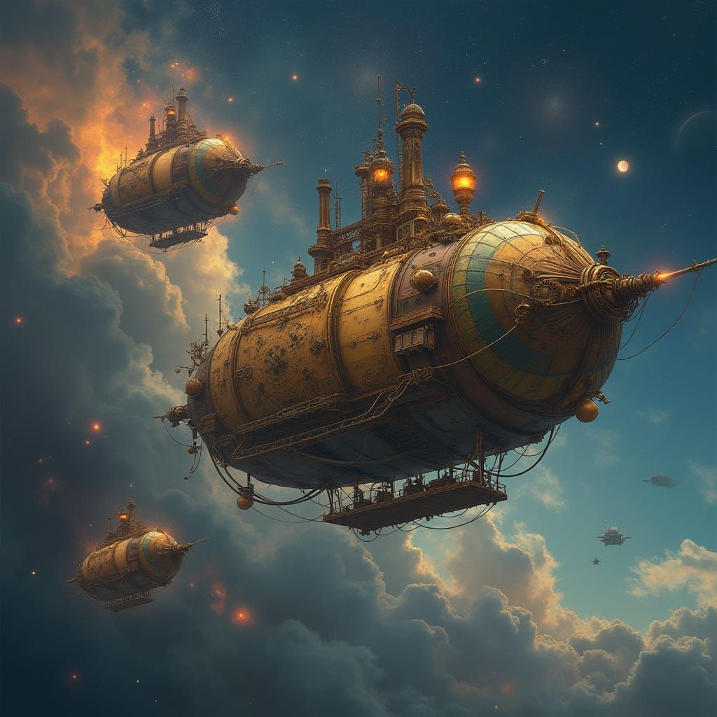 Steampunk Airships Navigate Cosmic Nebulae