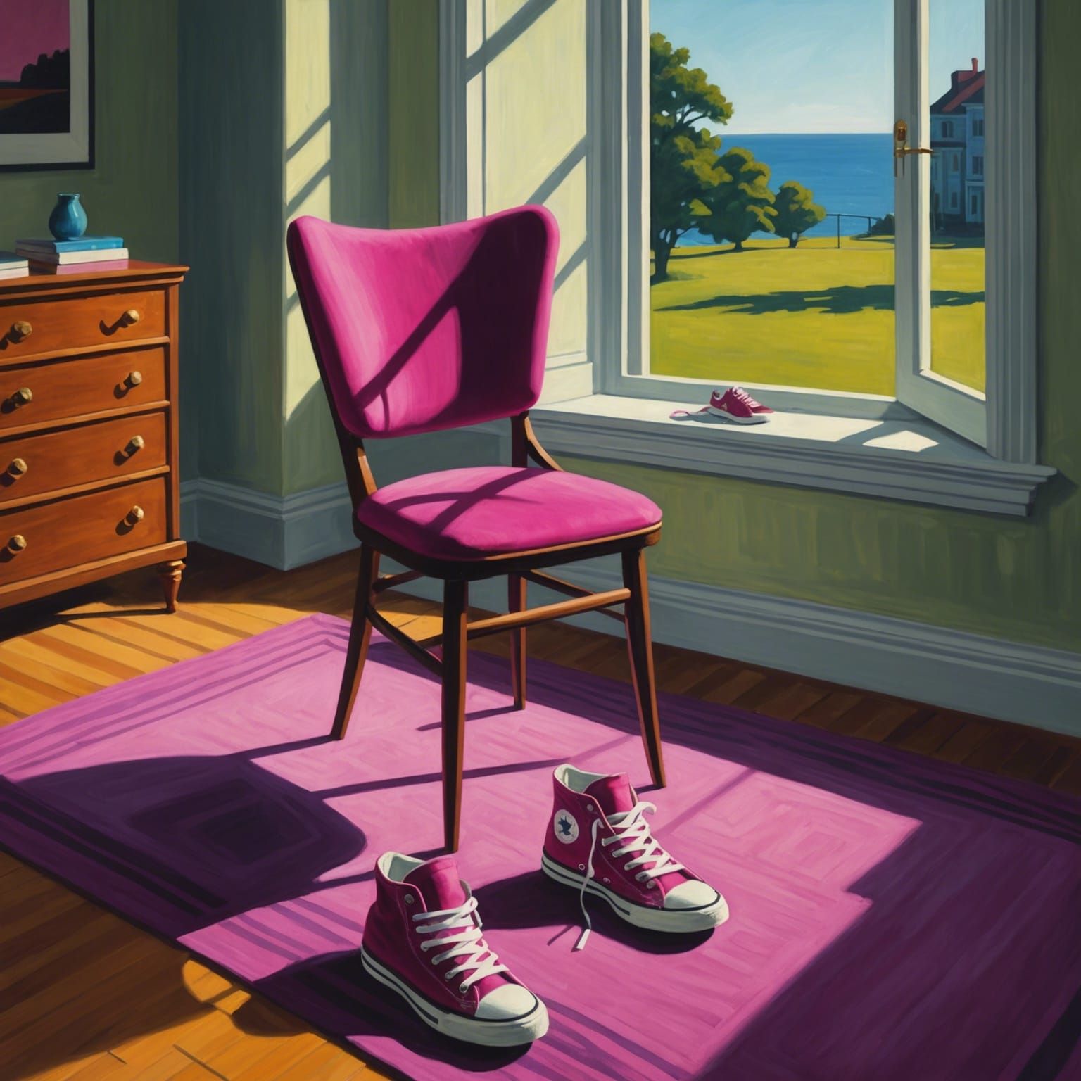 a  chair air and a pair of  magenta all star sneakers next to it, the chair is on a rug, there is a lot of light coming ...