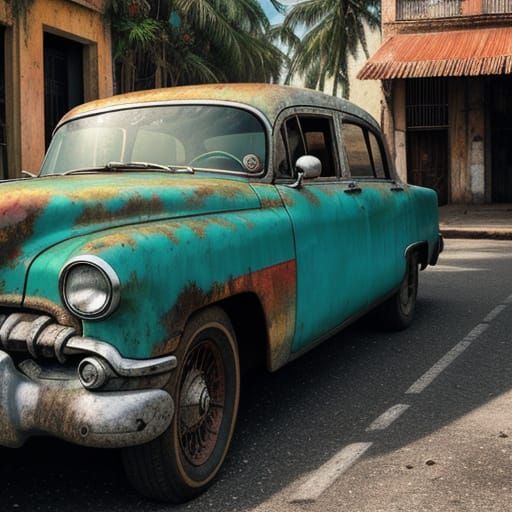 Vintage Car on Cuban Street in Ink Art Style